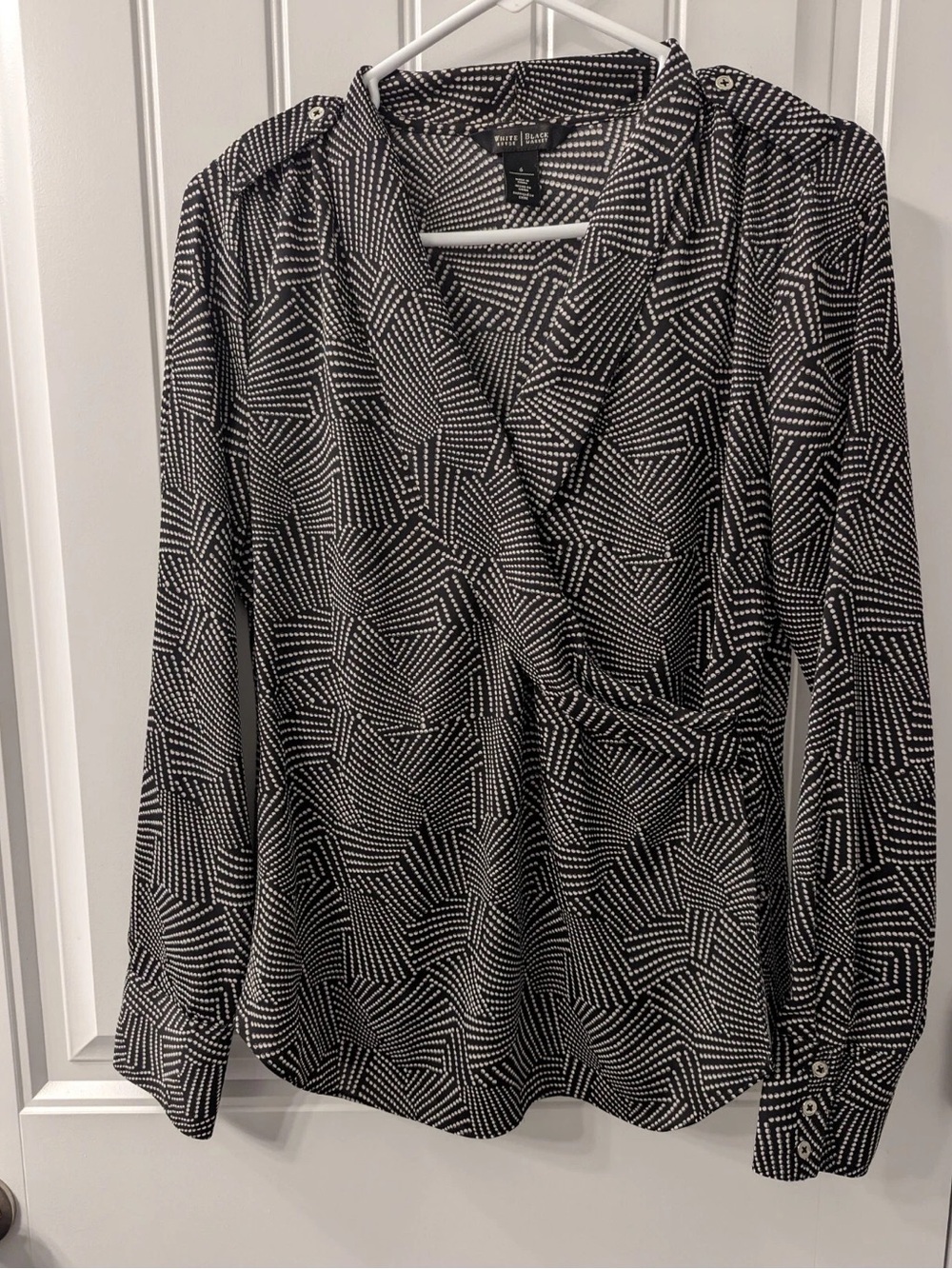 Nine West Black and White Geometric Faux-Wrap Long Sleeve Top